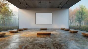 A modern gallery space with large windows overlooking a misty forest photo