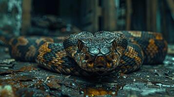 A close-up of a serpent with striking scales, its eyes fixed on the camera photo
