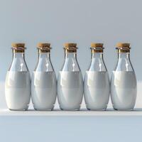 Five glass milk bottles with cork tops sit in a row on a white surface photo
