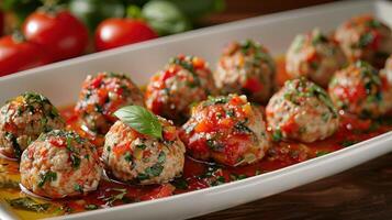 Close-up of savory meatballs, simmered in a tomato sauce with fresh basil photo