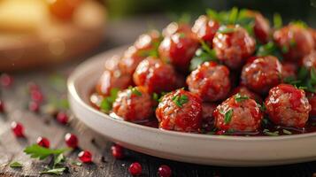 A close-up of cranberry glazed meatballs on a white plate photo