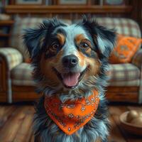 A happy Australian Shepherd smiles at the camera while wearing an orange bandana photo