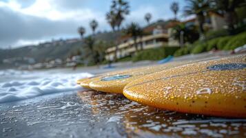 Close-up of wet surfboards on a beach, with a blurred backdrop of the coastline photo