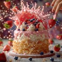 A pink cake with whipped cream and berries explodes with a strawberry in mid-air photo