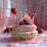 A cake is drenched in a pink glaze splash photo