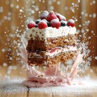 A slice of strawberry shortcake falls through pink frosting, creating a beautiful splash photo