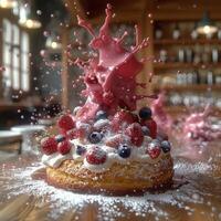 A close-up shot of a cake topped with whipped cream, berries, and a splash of pink glaze photo