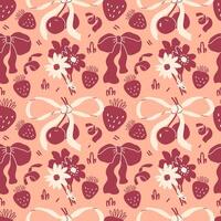 Seamless pattern with hand drawn doodles of wildflowers, berries, bows vector