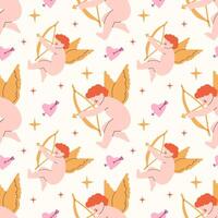 Seamless romantic pattern with cupids and hearts vector