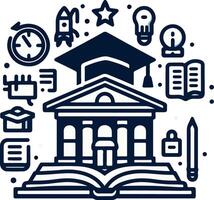 an icon of a school building surrounded by various items vector