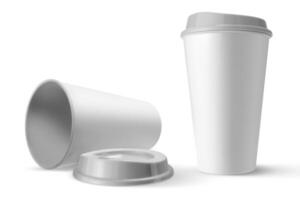 White cups of coffee mock up on white background. Template for mockup. photo