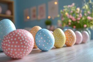 Colorful easter eggs decorated with white polka dots resting on table photo