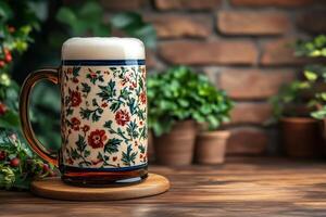 Floral beer mug overflowing with frothy refreshment on wooden table photo