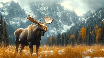 Large bull moose standing in a snowy mountain meadow in autumn photo