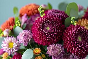 Vibrant bouquet bursting with colorful chrysanthemums and eucalyptus photo