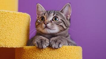 Cute tabby kitten relaxing on yellow cat tree with purple background photo