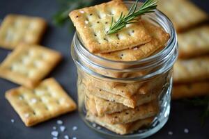 Delicious crispy crackers with rosemary in glass jar photo