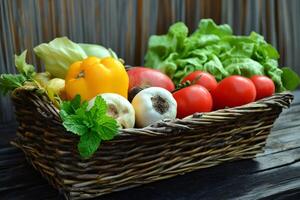 Fresh vegetables filling a wicker basket on rustic wooden table photo