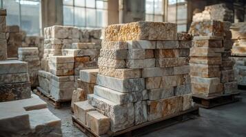 Marble blocks resting on wooden pallets in warehouse setting photo