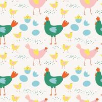 Repeating seamless pattern for Easter with Chickens, hens, rooster, eggs. Festive background with farmer motive for holiday, congratulation. Design rapport for textile, print, wrapping, card, paper vector