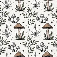 Seamless pattern with mystical mushrooms and plants in boho style. Hand drawn repeating background with fly agaric and leaves, forest motif for packaging, textile, print, template, card, flyer vector