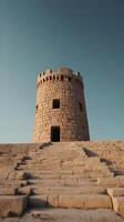 In a minimalist vertical design, an ancient tower silhouette contrasts with the gradient sky, leaving plenty of negative space. photo