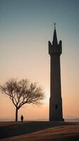 A minimalist vertical image of an ancient tower silhouette against a gradient sky, with ample negative space. photo