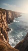 Vertical imagery of coastal cliffs, soft waves, and a wide open sky, leaving generous room for text or additional elements. photo