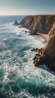 The vertical shot captures coastal cliffs with soft waves below, offering a vast sky and ample space for text or graphics. photo