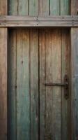 A vertical close-up of a rustic wooden door frame highlights intricate details and soft textures, leaving space for text. photo