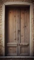 A high-definition vertical photo of a rustic wooden door frame with soft textures and clear space for text placement.