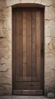 A vertical shot captures a high-detail rustic wooden door frame, featuring soft textures and ample space for text. photo