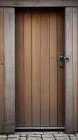 A high-detail vertical shot of a rustic wooden door frame with soft textures and negative space for copy. photo