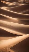 Smooth sand dunes in warm light form a vertical composition, with a blank sky or soft textures perfect for text placement. photo