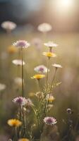 A vertical image of wildflowers glowing under soft sunlight, framed by open space in the background for text or graphics. photo