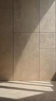 Abstract vertical background of soft shadows and light patterns on a neutral wall, with space for design elements. photo