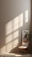 An abstract vertical background featuring soft shadows and light patterns on a neutral wall, with ample space for design elements. photo