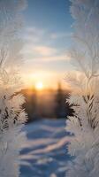 Delicate frost patterns on glass form a vertical background with fine details, soft light, and room for design additions. photo