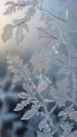 A vertical composition featuring intricate frost patterns on glass, with soft lighting and ample space for design overlays. photo