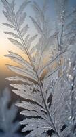 A detailed vertical background showcasing frost patterns on glass, illuminated softly with clear spaces for design elements. photo