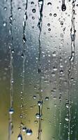 Water droplets on a glass surface in a vertical shot, featuring a blurred backdrop and ample space for copy. photo