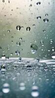 A vertical close-up of water droplets on glass, with a softly blurred background offering plenty of room for text. photo