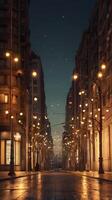 A dreamy vertical image of out-of-focus city lights in warm colors, leaving ample open space for design elements photo