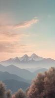 A peaceful vertical portrayal of a distant mountain ridge under hazy clouds, painted in gentle pastel tones, with a broad sky for copy space. photo