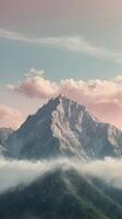 A vertical landscape with a far-off mountain ridge, subtle clouds, muted pastel hues, and a spacious sky ideal for adding text. photo