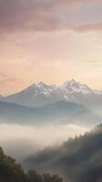 A serene vertical scene showcasing a faraway mountain ridge framed by delicate clouds, gentle pastel shades, and an open sky for text placement. photo
