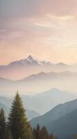 A tranquil vertical view of a distant ridge, surrounded by hazy clouds, soft pastel colors, and a vast sky with space for copy. photo