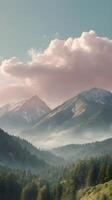 A vertical composition featuring a distant mountain ridge beneath soft, hazy clouds, with pastel tones and an expansive sky offering ample copy space. photo