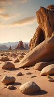 Vertical photo of unique desert rock formations under soft light, with open sky providing negative space for text.