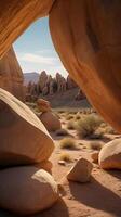 A vertical composition featuring unusual desert rocks, softly lit, with an open, uncluttered sky providing room for text. photo